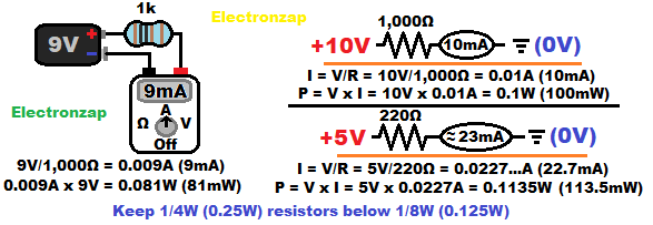 Current through a resistor illustrated and schematic with calculations diagram by electronzap