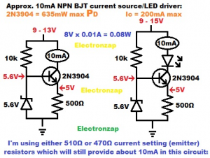 Fixed Current Source using NPN BJT Sink and Zener Diode - Electronzap