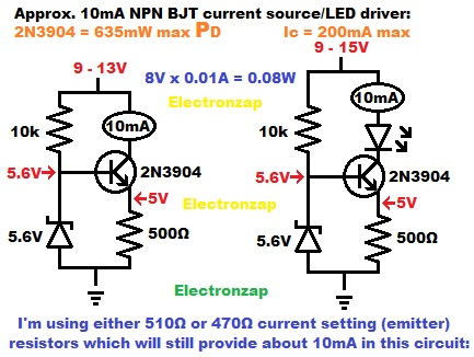 2N3904 NPN BJT zener diode current source or LED driver circuit learning electronics lesson 0017