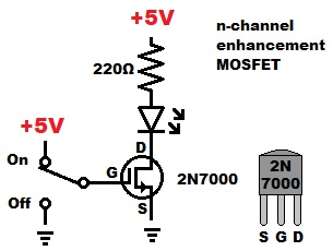 2N7000 N channel enhancement mode MOSFET switch demo circuit learning electronics lesson 0034