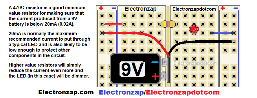 9V battery with snap wires to power current limiting resistor with LED circuit on breadboard diagram by electronzap electronzapdotcom