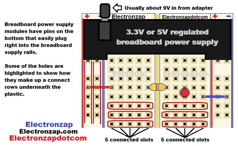 Breadboard power supply module illustrated by electronzap electronzapdotcom