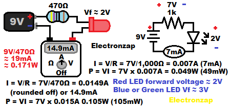 LED protected by a resistor circuit voltage resistance and current ohms law calculations diagram by electronzap