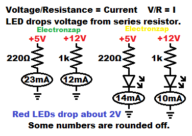 Some resistor and LED circuit current examples by electronzap