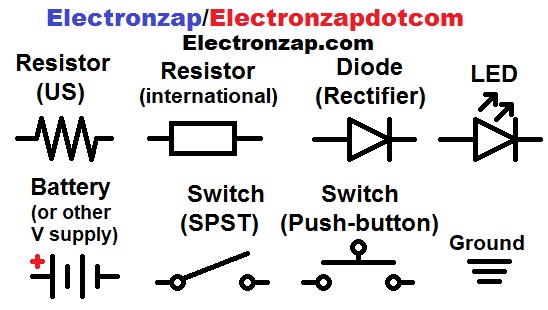 Basic schematic symbols of resistor diode LED battery ground push button and toggle switch diagram by electronzap electronzapdotcom