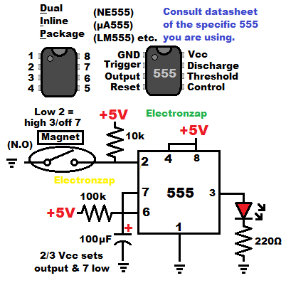 555 timer monostable mode one shot controlled with magnetic switch learning electronics lesson 0009 schematic diagram by electronzap