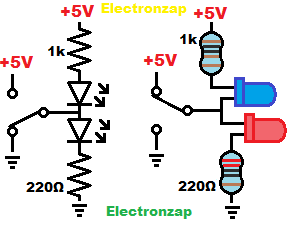 Alternating LEDs demonstration circuit schematic and pictorial diagram by electronzap