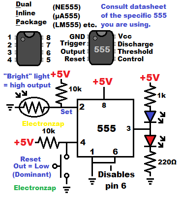 Bistable mode 555 timer flip flop set with light dependent resistor and reset with push button switch schematic diagram by electronzap