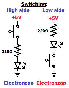 High side versus low side switching circuit schematic examples diagram by electronzap