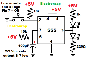 Monostable 555 timer one shot mode schematic diagram by electronzap