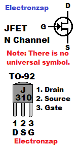 N Channel JFET schematic symbol I like to use and pin layout for TO 92 package J310 diagram by electronzap
