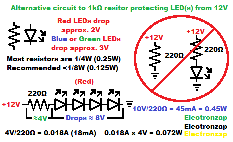 Stacking LEDs so a 200 ohm resistor can set the current schematic diagram by electronzap