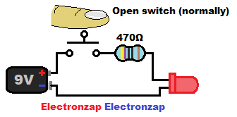 LED off while in pushbutton switch controlled circuit schematic diagram by electronzap