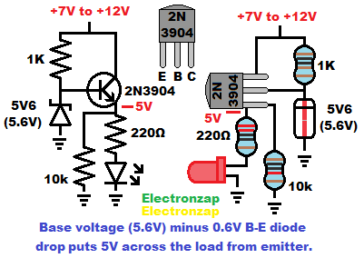 NPN BJT emitter follower circuit made with 2N3904 bipolar junction transistor schematic and pictorial diagram by electronzap