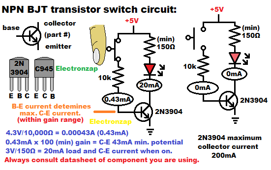 NPN bipolar junction transistor BJT switch circuit introduction schematic diagram by electronzap