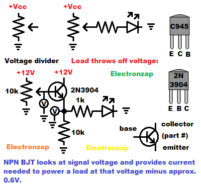 Voltage divider amplified with NPN BJT emitter follower Electronzap learning electronics lesson 0016