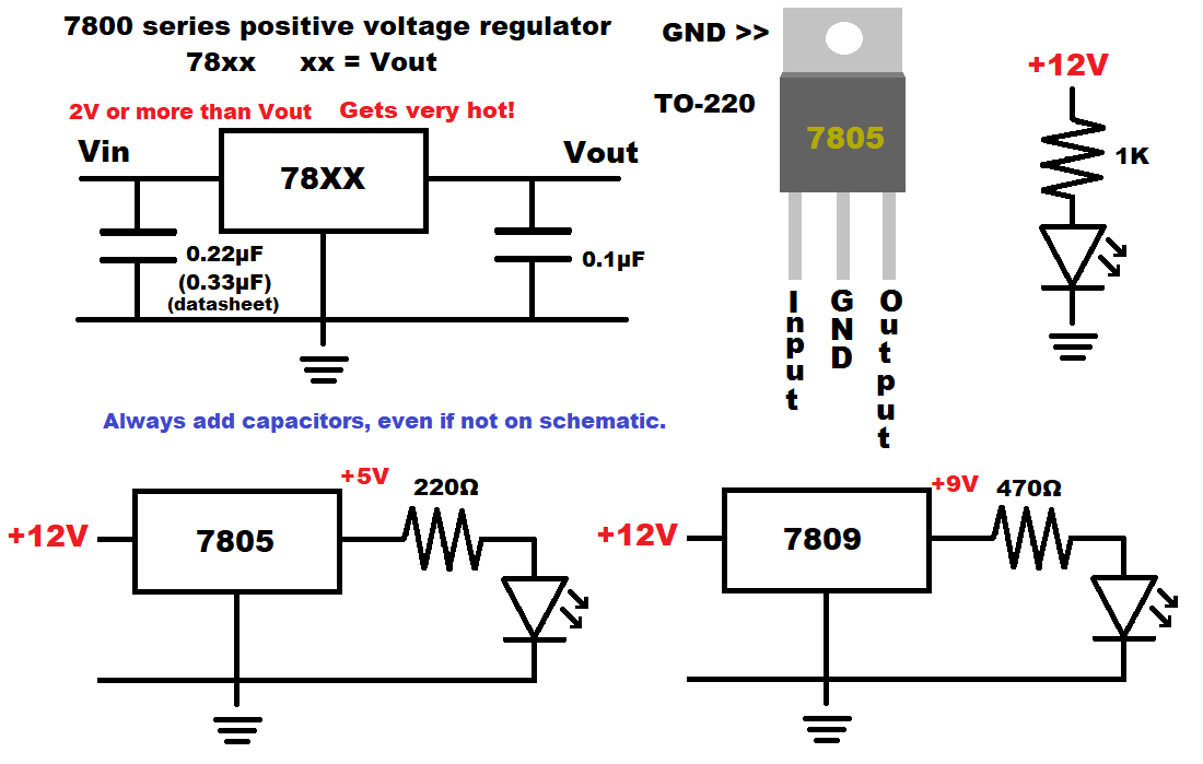 7800 series positive voltage regulators 7805 7809 pin layout demonstration circuits schematic diagram by electronzap