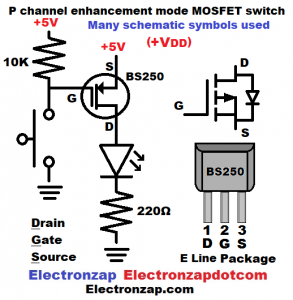 BS250 e line package P channel enhancement mode MOSFET switch circuit schematic diagram and pin layout diagram by electronzap
