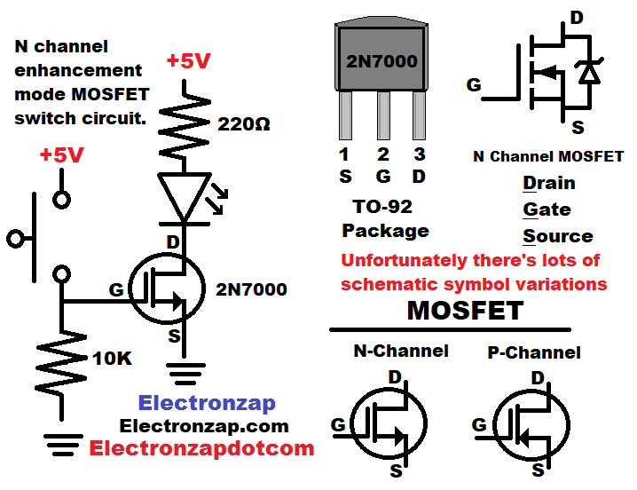 N channel enhancement mode MOSFET switch circuit using 2N7000 transistor schematic diagram and pin layout by electronzap