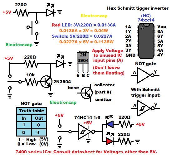 NOT logic gate digital inverter circuits switch NPN BJT 74HC14 IC learning electronics lesson 0019