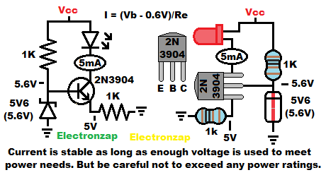 NPN BJT current source 2N3904 set by zener diode for 5mA schematic and pictorial diagram by electronzap
