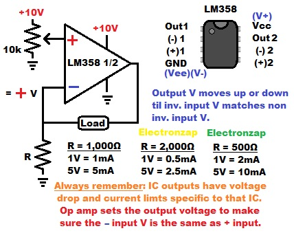 Op amp current source using LM358 operational amplifier and LEDs learning electronics lesson 0026