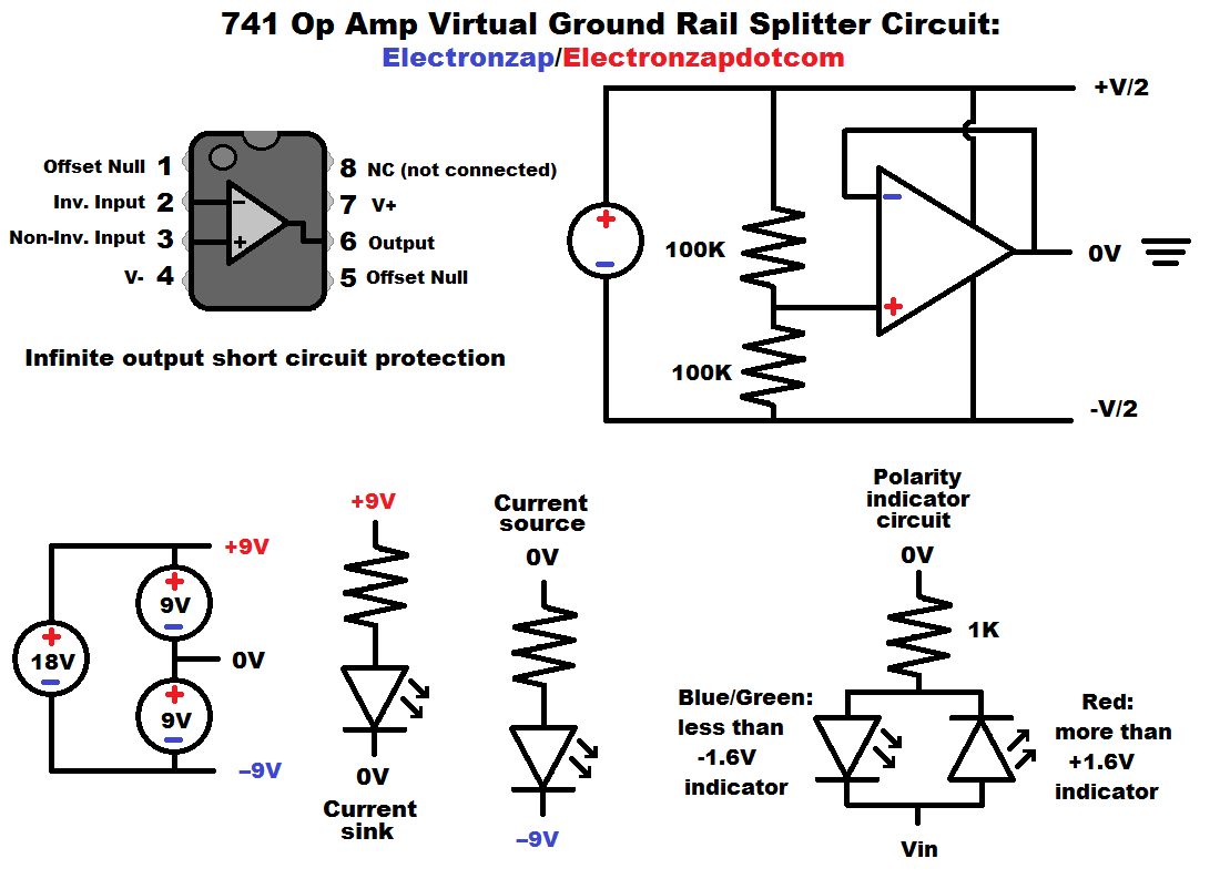 741 Op Amp Virtual Ground Rail Splitter Circuit diagram by Electronzap Electronzapdotcom