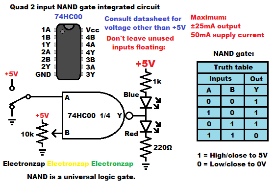 74HC00 7400 Quad NAND 2 input logic gate integrated circuit demo learning electronics lesson 0049