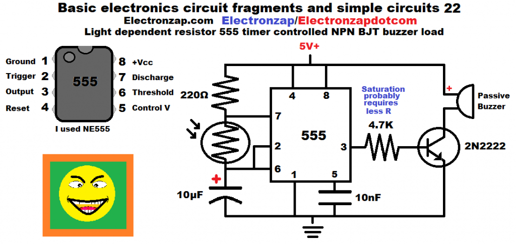 Basic electronics circuit fragments and simple circuits 22 Light Dependent Resistor LDR 555 timer controlled 2N2222 NPN BJT passive buzzer load diagram by electronzap electronzapdotcom