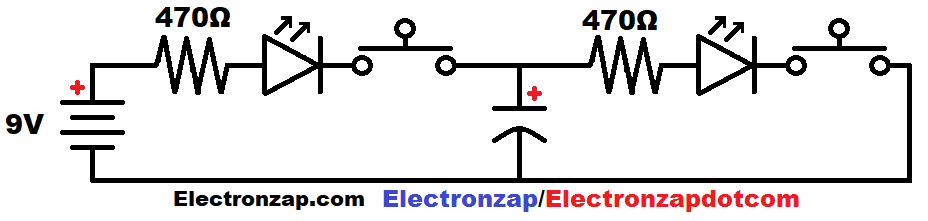 Capacitor charge and discharge through resistor and LED circuit schematic diagram by electronzap electronzapdotcom