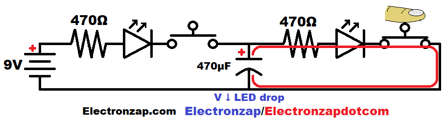 Capacitor discharging through resistor protected LED illustrated schematic diagram by electronzap electronzapdotcom