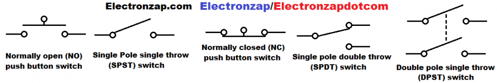 Common push button and throw switches schematic symbols diagram by electronzap electronzapdotcom