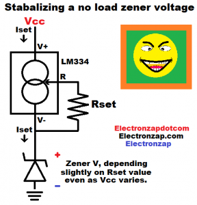 LM334 current source fixes voltage across zener diode without a load schematic diagram by electronzap