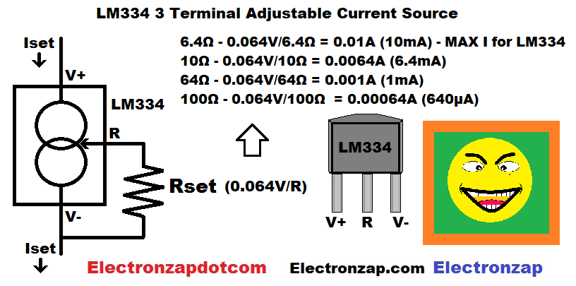 LM334 three terminal adjustable current source set voltage schematic diagram by electronzap