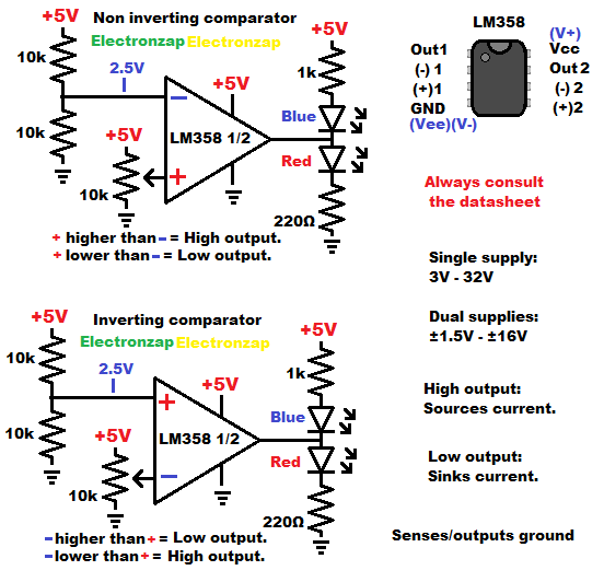 LM358 op amp wired as non inv and inverting comparator circuit learning electronics lesson 0020