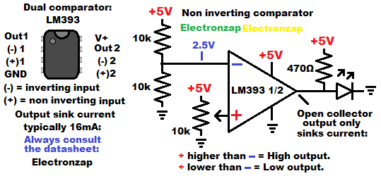 LM393 dual comparator integrated circuit non inverting demonstration circuit schematic symbol and pin layout by electronzap