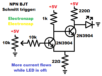 NPN BJT Schmitt trigger using 2N3904 bipolar junction transistors learning electronics lesson 0029