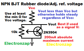 NPN BJT rubber diode aka adjustable zener like reference voltage learning electronics lesson 0042