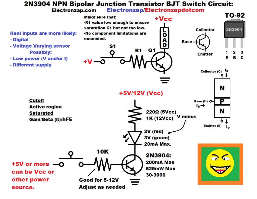 NPN BJT switch circuit 2N3904 bipolar junction transistor pin layout push button LEDs illustrative schematic diagram by electronzap electronzapdotcom