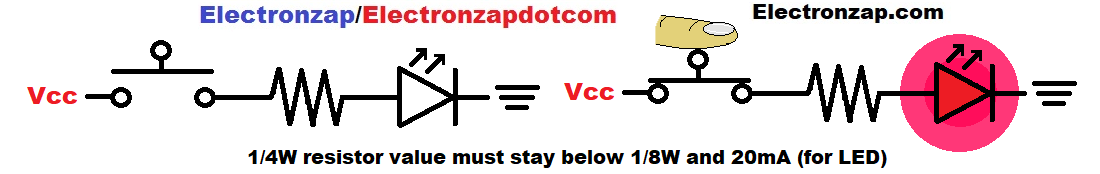 Normally open momentary tactile push button switch controlling a resistor protected LED schematc diagram partially illustrated by electronzap electronzapdotcom