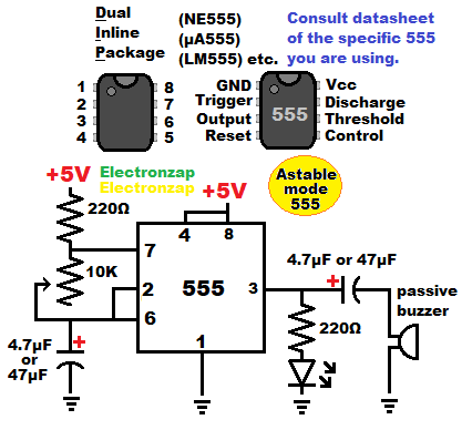 Passive buzzer controlled with astable mode 555 timer electronzap learning electronics lesson 0033