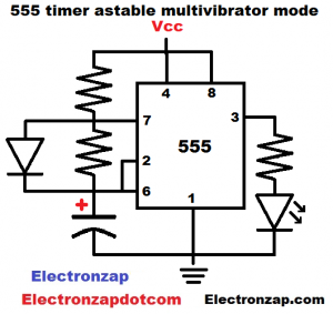 Simple 555 timer astable multivibrator mode circuit schematic diagram by electronzap electronzapdotcom