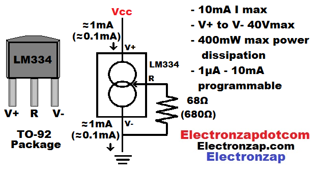 Simple LM334 three terminal adjustable constant current source circuit schematic diagram by electronzap electronzapdotcom