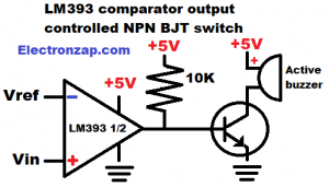 Simple LM393 comparator controlled NPN BJT switch with active buzzer circuit schematic diagram by electronzap electronzapdotcom