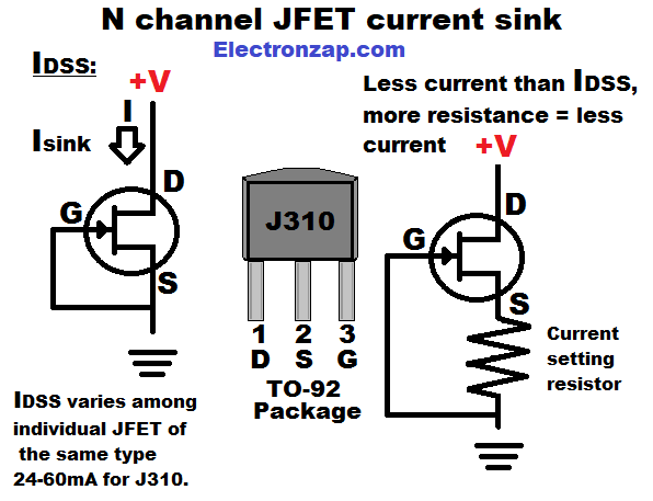 Simple N channel JFET current sink schematic diagram is by electronzap electronzapdotcom