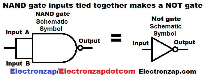 Simple NAND logic gate with inputs tied together makes a NOT gate schematic diagram by electronzap electronzapdotcom
