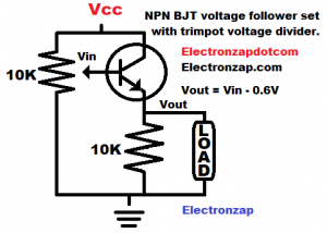 Simple NPN bipolar junction transistor BJT emitter follower set by trimpot divider schematic diagram by electronzap electronzapdotcom