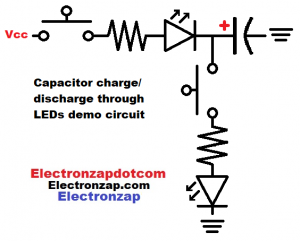 Simple capacitor charge and discharge through LEDs circuit schematic diagram by electronzap electronzapdotcom