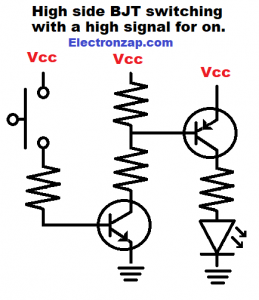 Simple high side PNP BJT switch with high NPN signal to turn on schematic diagram by electronzap electronzapdotcom