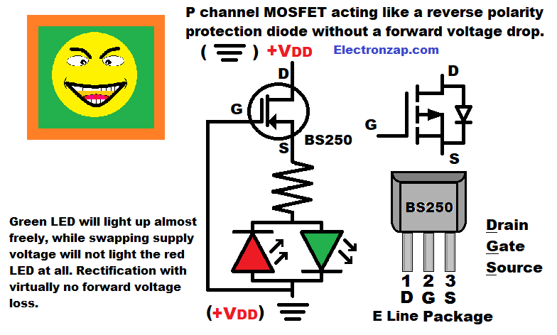 Simple no forward voltage drop rectifier diode made with P channel enhancement mode MOSFET BS250 circuit schematic by electronzap electronzapdotcom